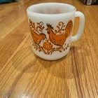 Vintage Glasbake Chicken Hen Rooster Coffee Mug Orange Brown Milk Glass 8 Ounce