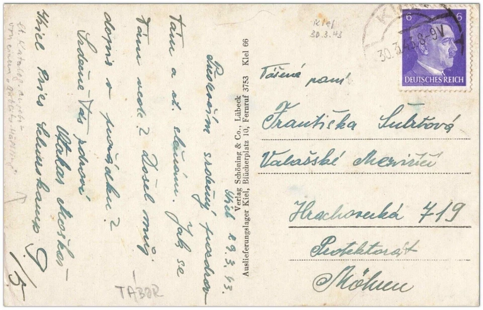 Kiel AK Lagerpost Kiel Pries Schurskamp Deutsche Werke AG 1943 nach Mähren - Bild 1 von 2