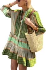 Women 3/4 Sleeve Green Floral Boho Tunic Shirt Dress Summer Casual Short Dress