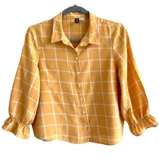 H&M Women's Yellow Plaid Button Up Crop Top 3/4 Sleeve Cowgirl Vintage Shirt