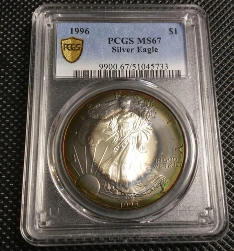 1996 Silver Eagle $1 Beautiful Crazy Rainbow TARGET  PCGS MS67, Fresh Holder