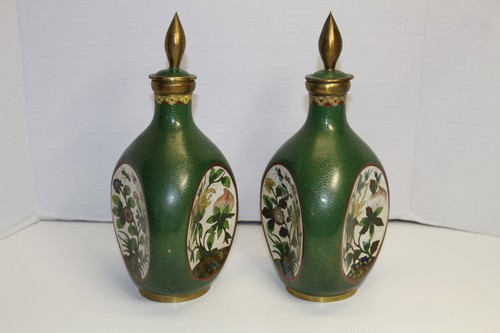 Vtg Chinese Jingtailan Cloisonne Triangular Vine Vase Jars Pointed Finial Lids - Picture 8 of 13