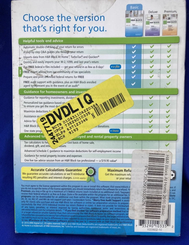 H&R BLOCK 2010 BASIC FEDERAL TAX RETURN PC & MAC NEW FREE SHIP PING - Image 2 of 3