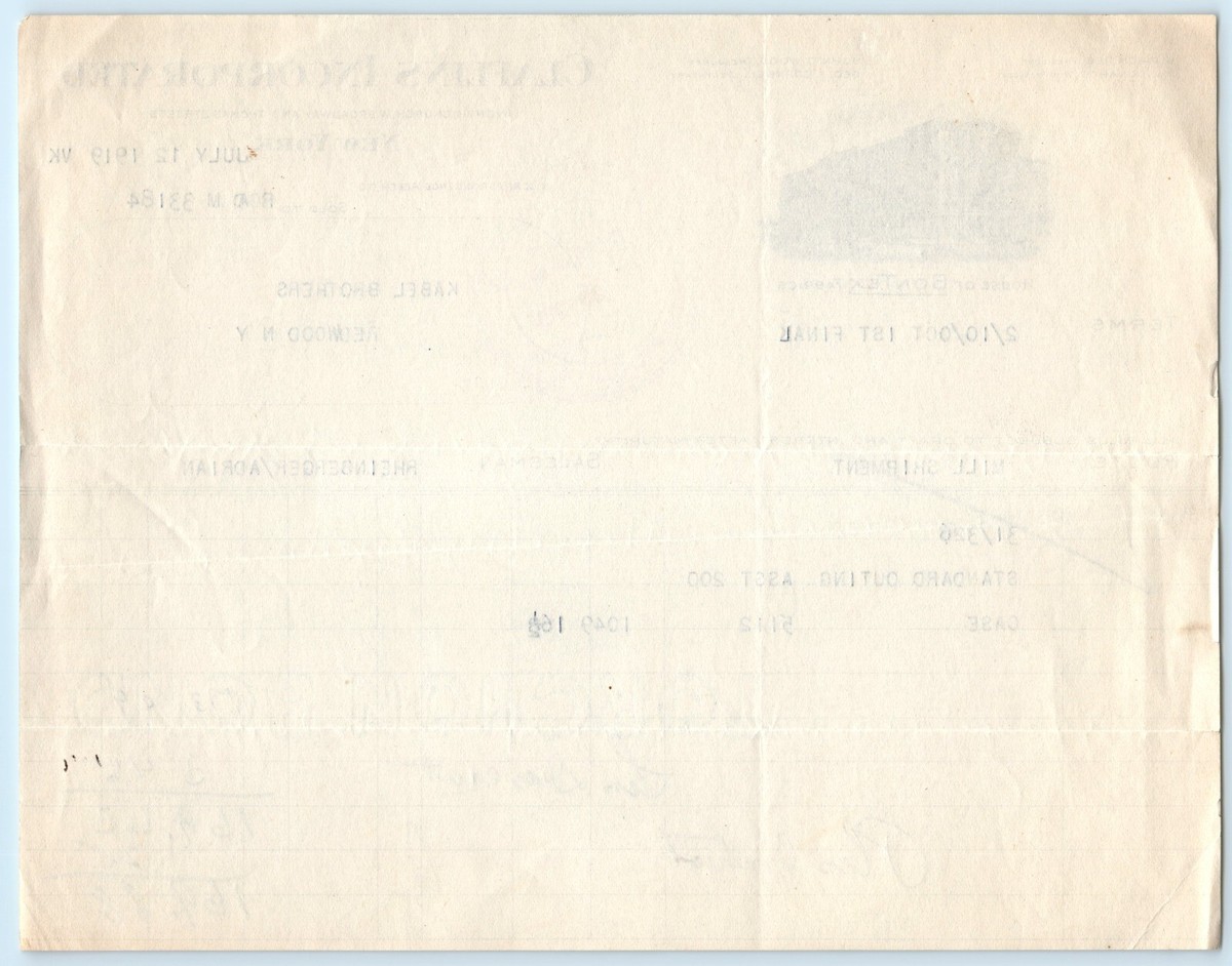 Ephemera BILLHEAD RECEIPT Claflins Inc New York 7/12 1919