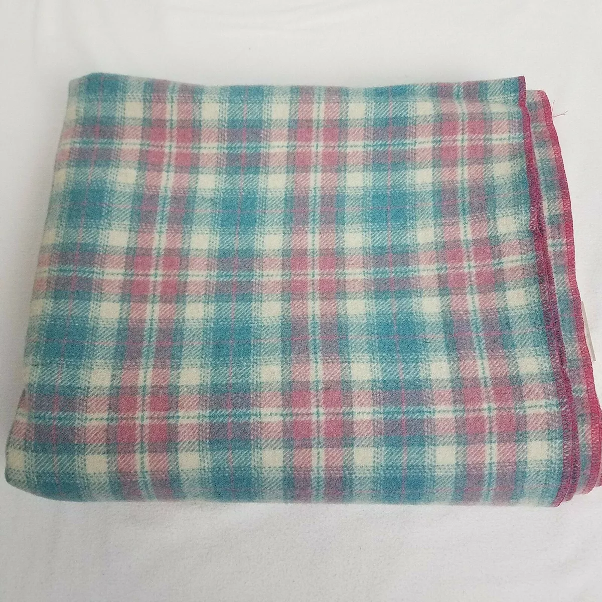 Vintage Woolrich Pink Blue Tartan Plaid 100 Wool Blanket USA 52x66 WARM STYLE