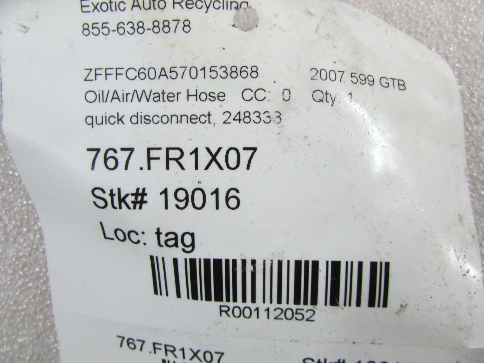 Ferrari 599 GTB, Transmission Line Quick Disconnect, Used, P/N 248333