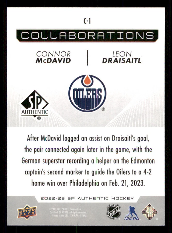 2022-23 SP Authentic Collaborations #C1 Connor McDavid/Leon Draisaitl - Image 2 of 2