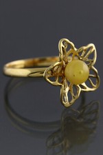 Genuine BALTIC AMBER White FLOWER Gold Plated Silver Ring 6.5 190417-17