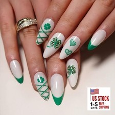 St. Patrick's Day Press on Nails Medium Clover Fake Nails with Rhinestones