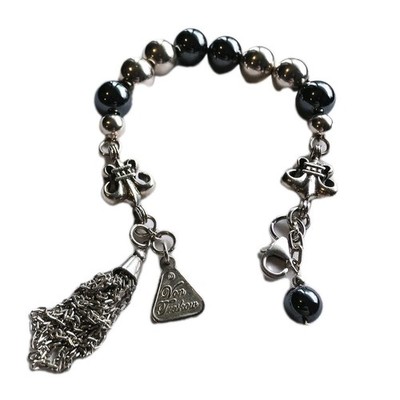 VON TRESKOW Sterling Silver Hematite Bead Tassel Heavy Bracelet Fleur-De-Lis 925
