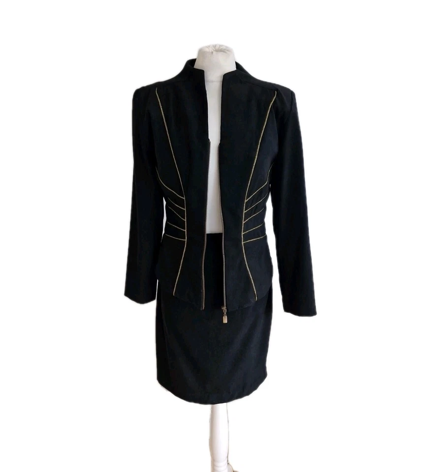 Joseph Ribkoff Vintage Black/Gold 2-Piece Stretch Skirt Zip-Up Blazer Suit-UK 10 - Image 2 of 4