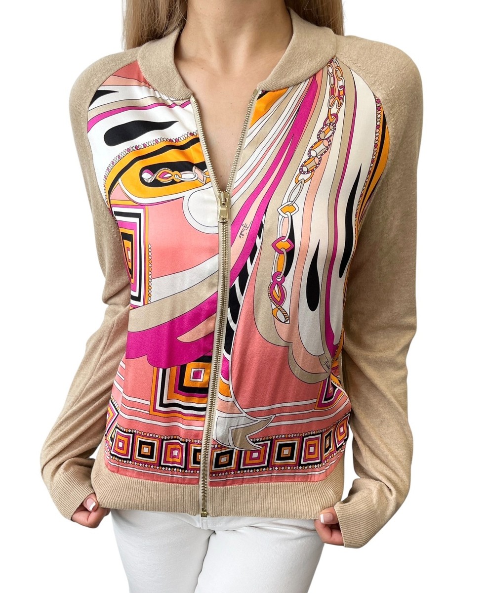 EMILIO PUCCI Vintage Logo Zipped Jacket #XS Beige Pink Light Brown