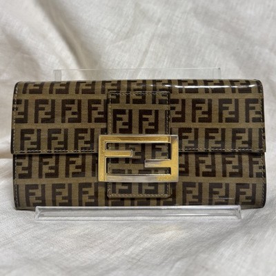 FENDI Zucca Patent Leather Long Wallet Brown Authentic