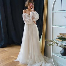 Spaghetti Straps Wedding Dress V-neck Puff Sleeve Appliques Princess Bride Gown