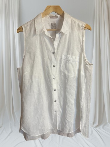 Chicos White Linen Sleeveless Button Up Side-Slit No Iron Tunic Shirt Sz3