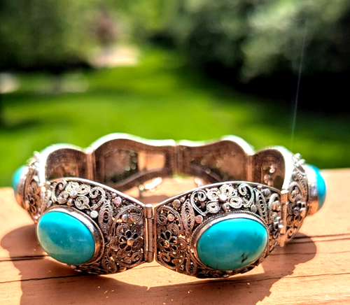 VTG Silver Filigree Turquoise Bracelet 7.5in Chinese Export Safety Chain 42.8gr - Picture 3 of 23