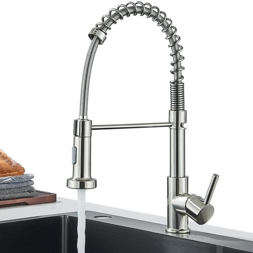 Commercial Brushed Nickel Spring Kitchen Sink Faucet Pull Down Spray Swivel Tap - Picture 10 of 23