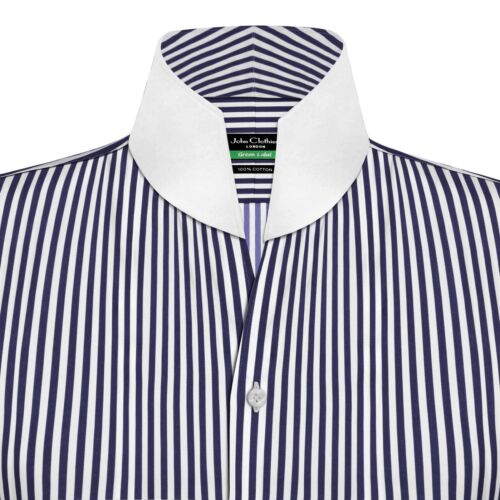 Hoher Kragen 100 % Baumwolle Shirt für Männer groß offener Ausschnitt blau weiß gestreift - Bild 2 von 5