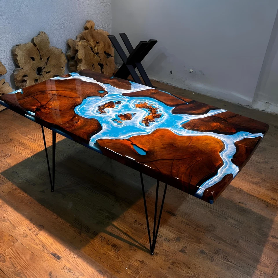 Ocean Epoxy Resin Dining Table – Customizable Walnut Wood with Blue Epoxy Design - Image 2 of 4