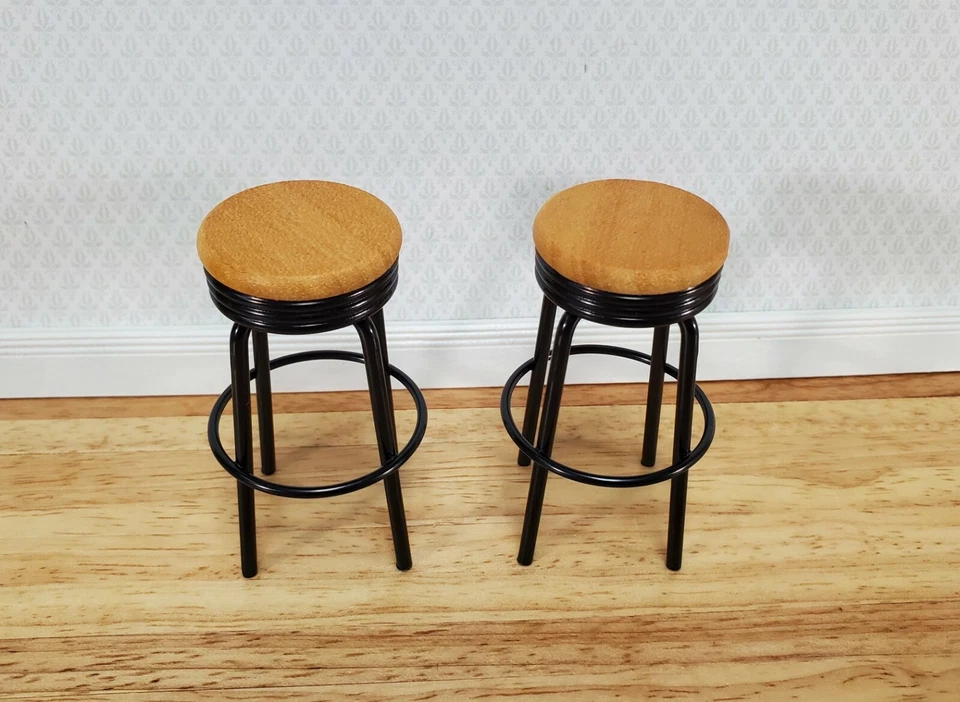 Dollhouse Bar Stools x2 Metal and Wood Black Finish 1:12 Scale Miniature Modern - Image 2 of 3
