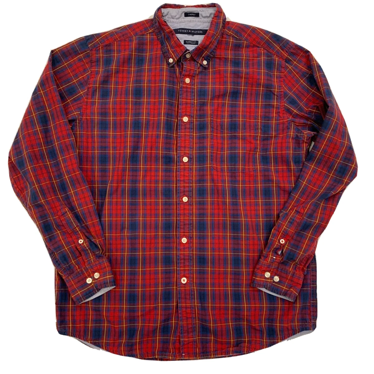 Tommy Hilfiger Shirt Mens Size L Red Blue Cheers Plaid Classic