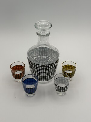 Vintage Luminarc Houndstooth Glass Decanter Shot Glass Set Mid Century France