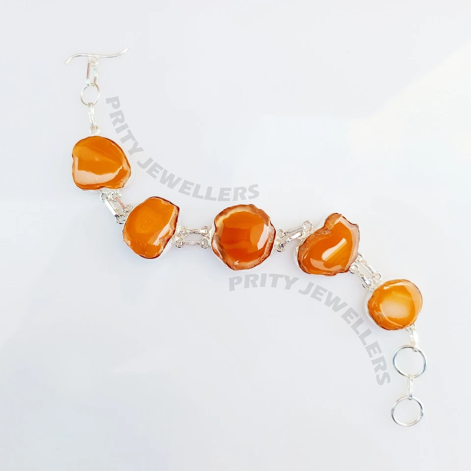 Pulsera de piedras preciosas de ágata naranja de plata de ley 925 hecha a mano joyería ajustable Foto 4 de 4