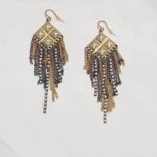 Designer Inspired Hook Earrings Metal Fringe Tassel Rhinestones Black & Goldtone