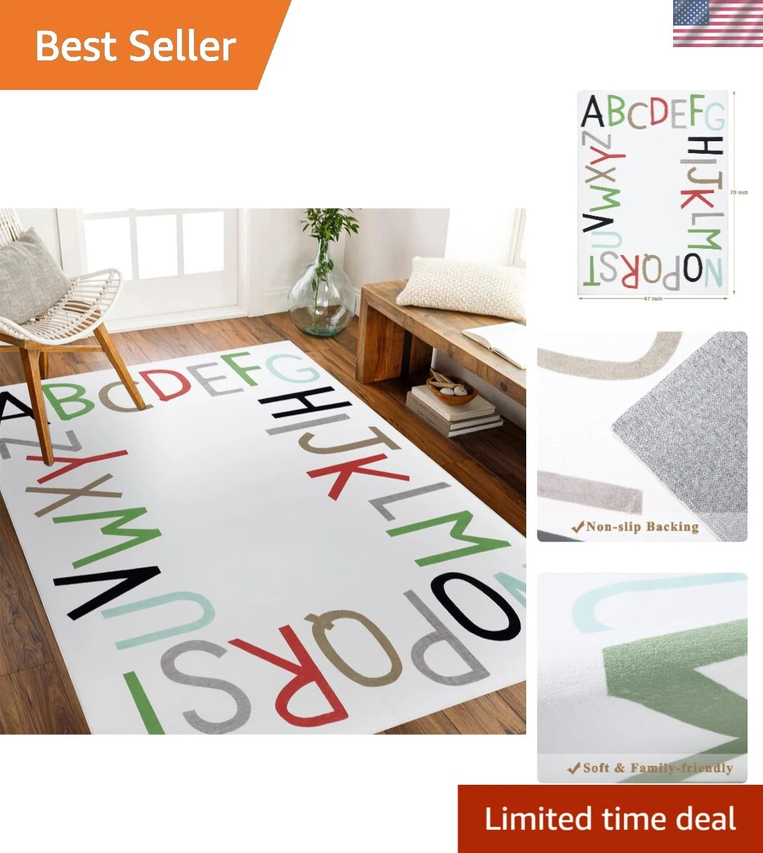 Non-Slip Alphabet Nursery Rug - Soft Crawling Play Mat for Children's Bedroom