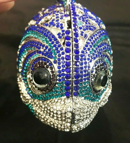 New Silver With Royal Blue & Aqua Austrian Crystal Fish Hard Shell Clutch Bag - Picture 3 of 4