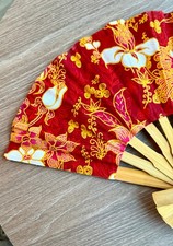 Fan Thai Folding Pink Red Flowers Hand Bamboo Thailand Decor    16