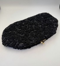 VTG Black Beaded Sequin Evening Clutch Bag-Hand Made In Hong Kong-Gold Kiss Lock