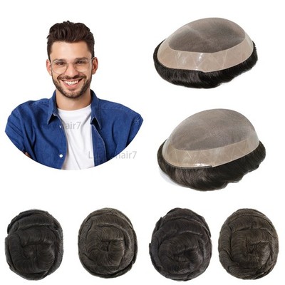 Mens Toupee Human Hair Replacement System Hairpiece Fine Mono Poly Skin Toupees