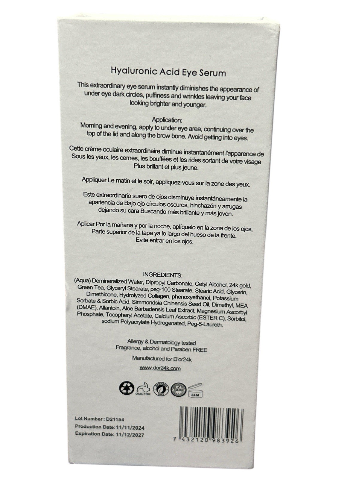 D’or24k Prestige Hyaluronic Acid Eye Serum 1.35 fl oz  Endless Beauty Exp: 2027