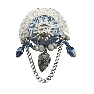 Vintage Bohemian Sun Face Brooch With Blue Beads & Chain Dangling Leaf Pendant