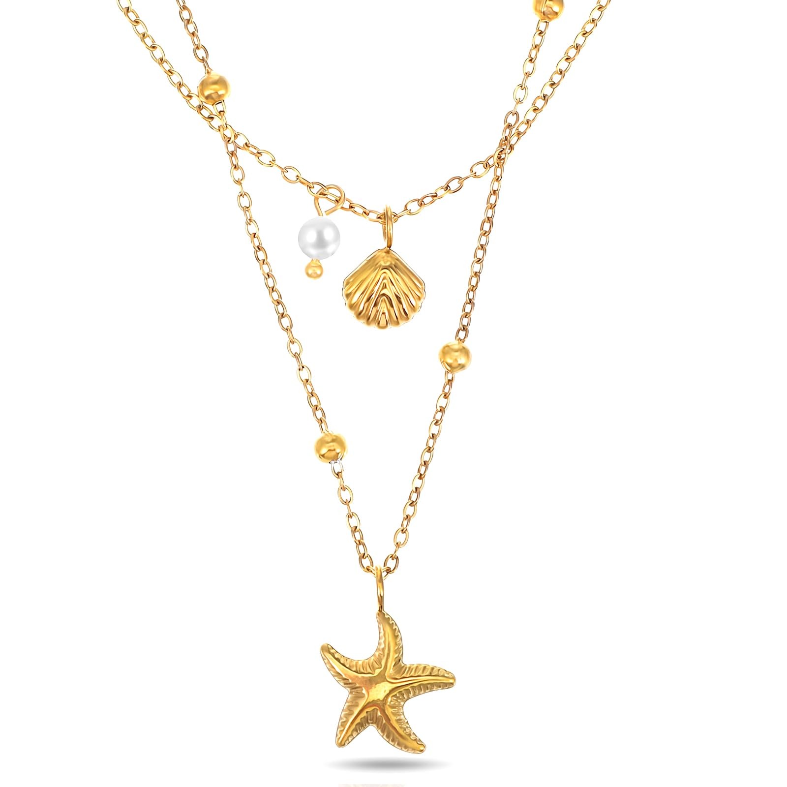 Shell Necklace for Women, Stainless Steel Starfish Conch SeaShell Pearl Charm...