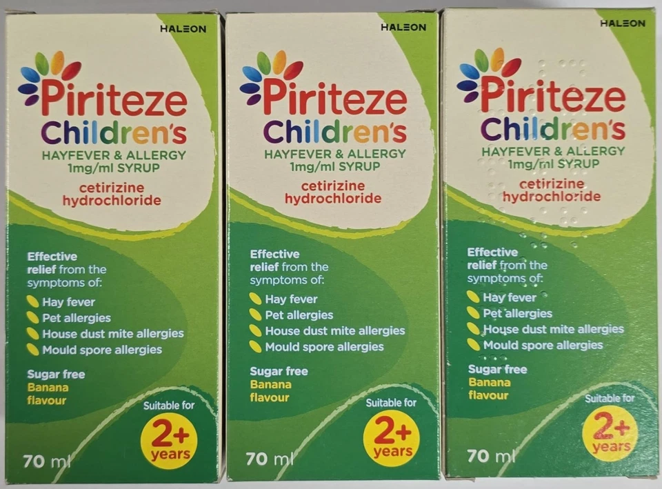 3 Pack Piriteze 2+ Childrens Hayfever & Allergy Syrup 1mg/ml, 70ml Each (3xPack)