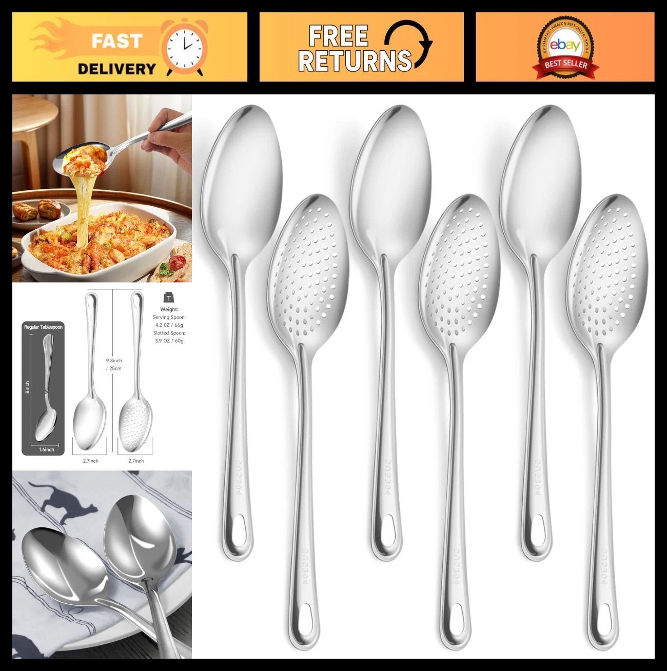 6-Piece Stainless Steel Serving Spoons Set - Slotted & Solid, 9.8" Dishwasher Sa
