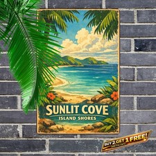 Tropical Cove Travel Poster Metal Tin Sign Retro Seaside Decor 8x12