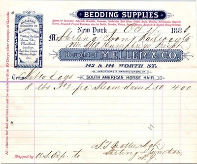 Bedding Supplies Wholesale Mellen & Co 1880 NY Antique Letterhead Billhead TC14