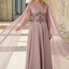 Beaded Chiffon Mother of Bride Dress V Neck Long Cape Sleeves Prom Evening Dress