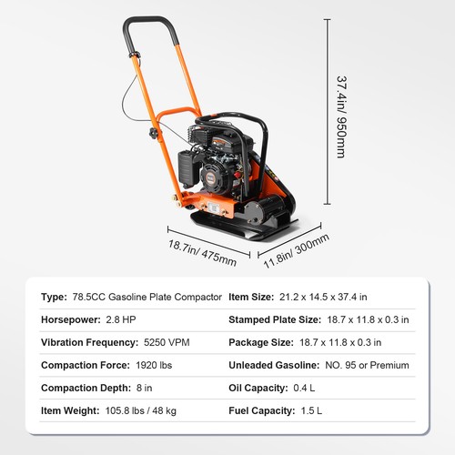 Uimoso Walk-Behind Vibratory Plate Compactor Rammer 2.8HP 78.5cc EPA Soil Tamper - Picture 7 of 11