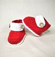 Handmade crochet baby shoes red white wool and buttons booties unisex 0-12