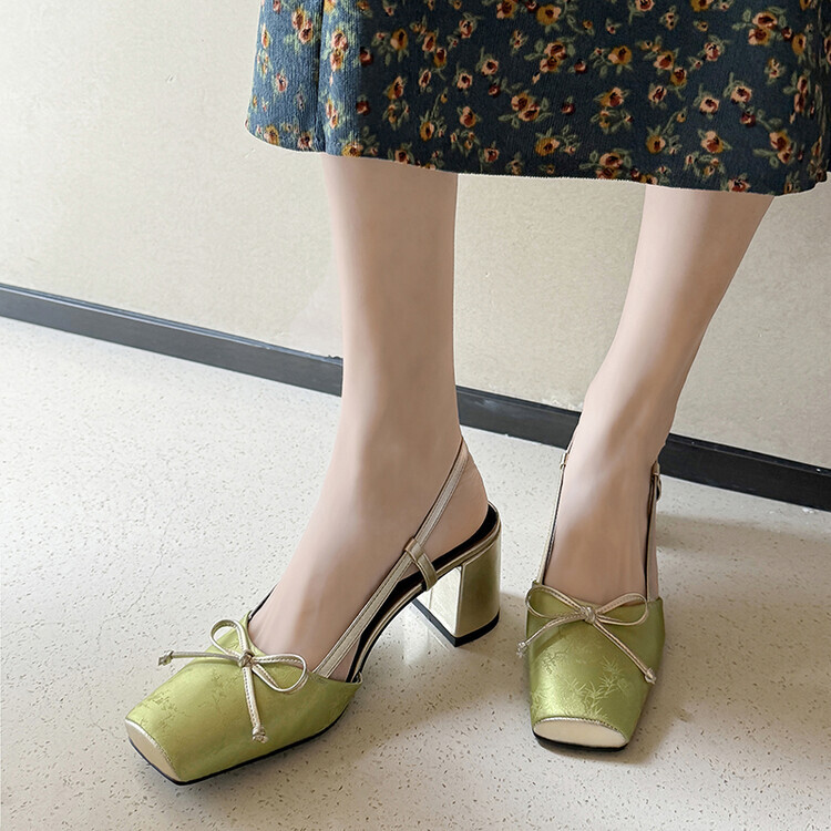 Womens Fashion Square Toe Jacquard Bowtie Slingback Block