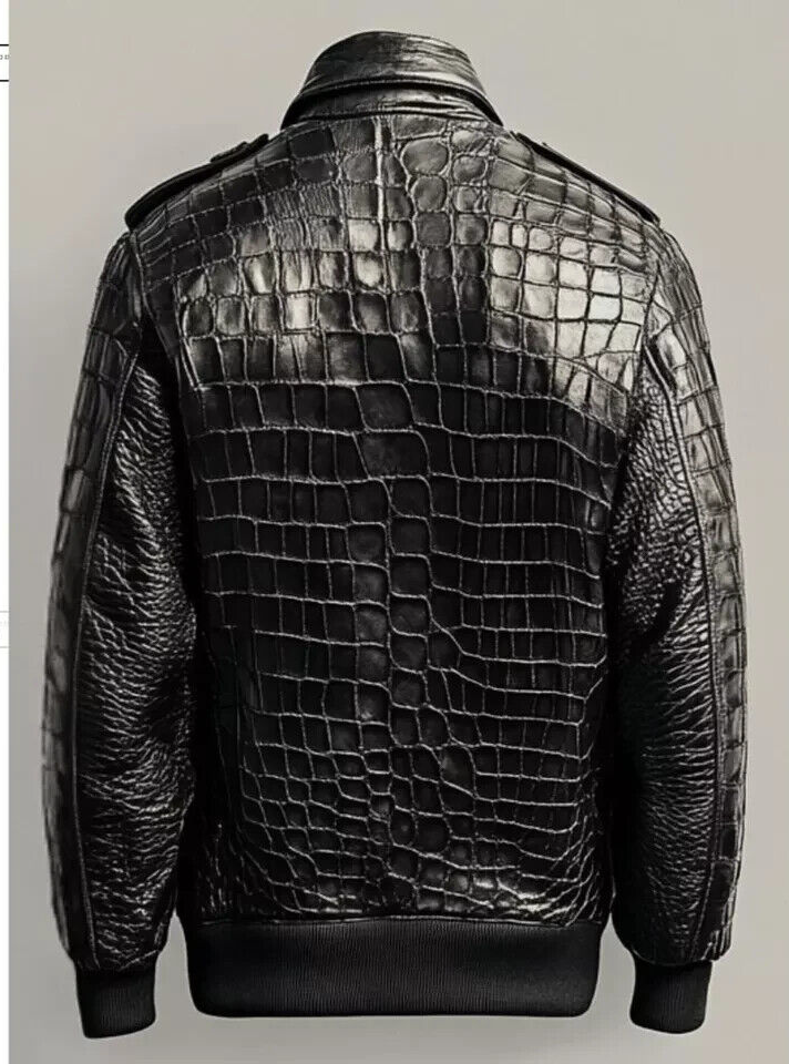 Men's Black Real Leather Crocodile Embossed Jacket Biker Alligator