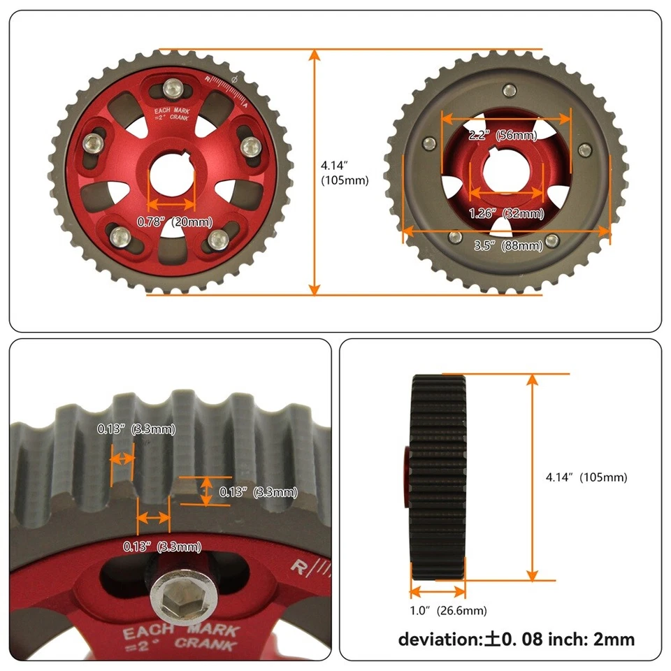 2PCS Adjustable Cam Gears For 93-01 Honda Prelude H22 H22A1 H22A4 DOHC VTEC Red Foto 4 de 4