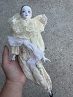 Vintage Porcelain Harlequin Pierrot Clown Doll Lace Floral Outfit Collectible