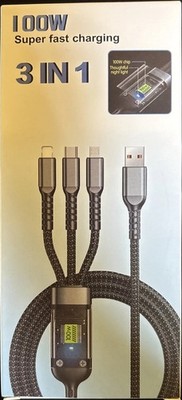 100W 3 in 1 Super Charging Data Cable Micro USB  Type C/Fast Charger 