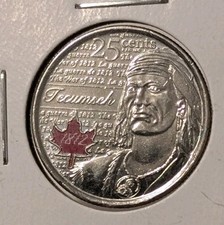Canada quarter 25 cents coin, Heroes of 1812: Tecumseh, Coloured, 2012