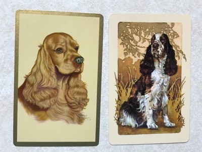 Vintage (2) Drawn Dogs Spaniels Faces Cute Single Swap Playing Card PC688
